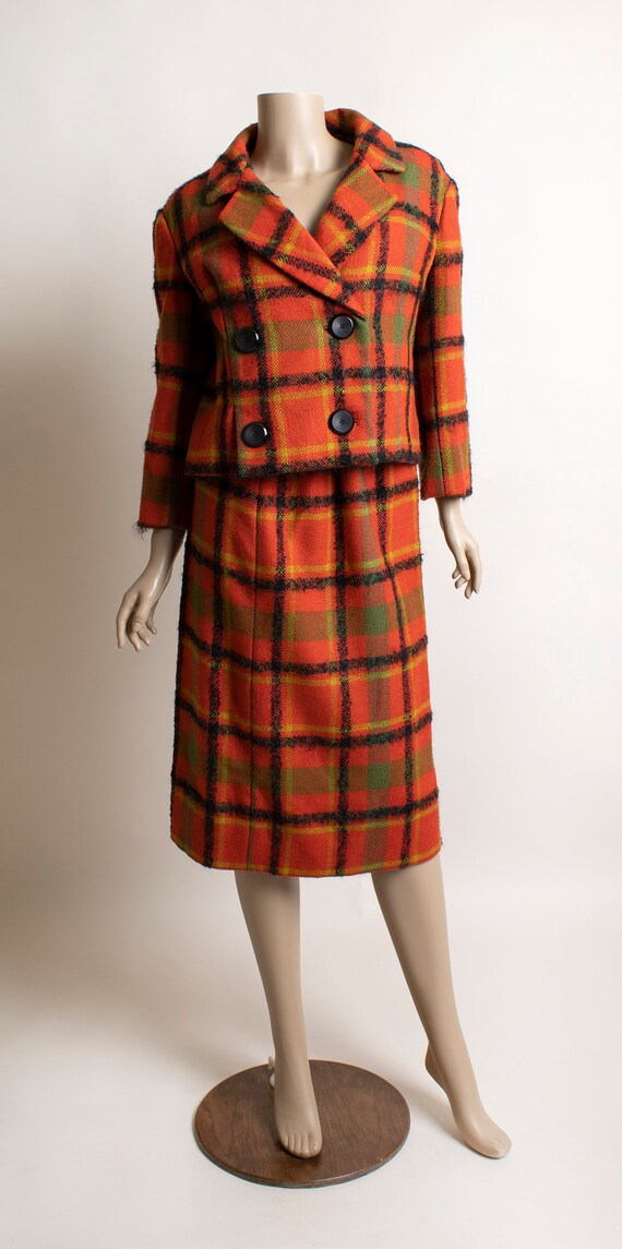 Vintage 1960s Plaid Skirt Vest & Coat Set - Red T… - image 4