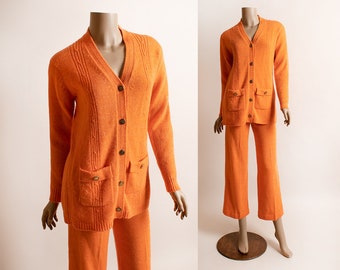 Vintage Orange Knit Pants & Sweater Top Set - Button Up Cardigan with Pockets 1980s 80 1970s 70s Granniecore Knitwear - Small