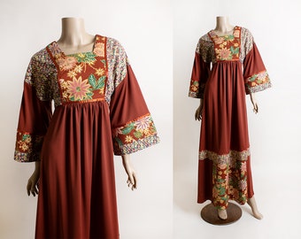 Vintage 1970s Maxi Prairie Dress Young Edwardian by Arpeja - Rust Brown Calico Floral Print Empire Waist Long Sleeves Bohemian Gown