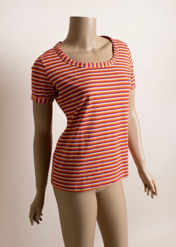 Vintage 1970s Striped Tee - Purple Orange & White… - image 3