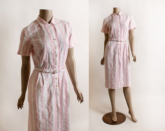 Vintage 1950s Dress - Cotton Candy Pink Striped Pencil Dress Louise Suggs by Lynbrook - 1960s Button Up White Cotton Day Dress - Small