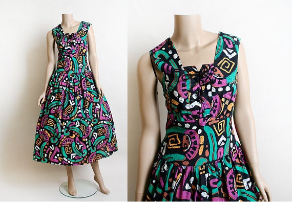 Vintage 1950s Style Dress - 1980s Does 50s Wild P… - image 1