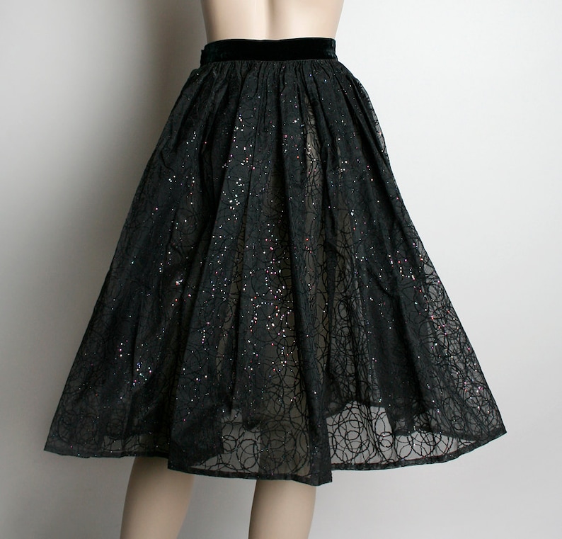 Small 24 inch waist Sheer Black Swirled Velvet with Rainbow Glitter Open Back Apron Style Vintage 1950s Full Circle Skirt