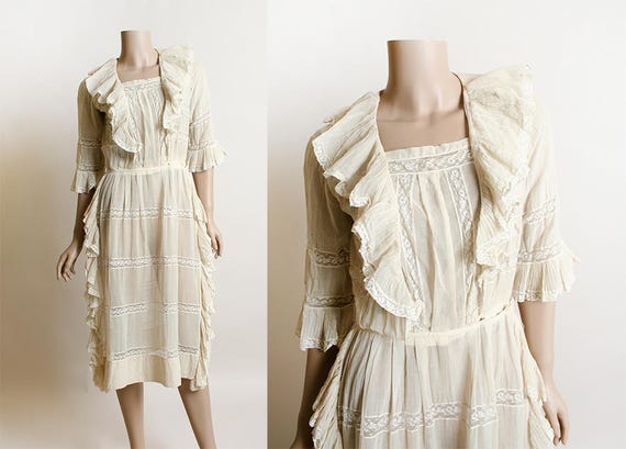 Antique Edwardian Tea Dress Sheer White Cream Ruffle 1910s - Etsy