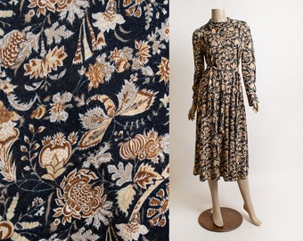 Vintage 1970s Goldworm MOTH Print Midi Dress - Long Sleeve with Cowl Neck - Autumn Fall Floral Brown Blacks - 70s Boho Novelty Print - Small