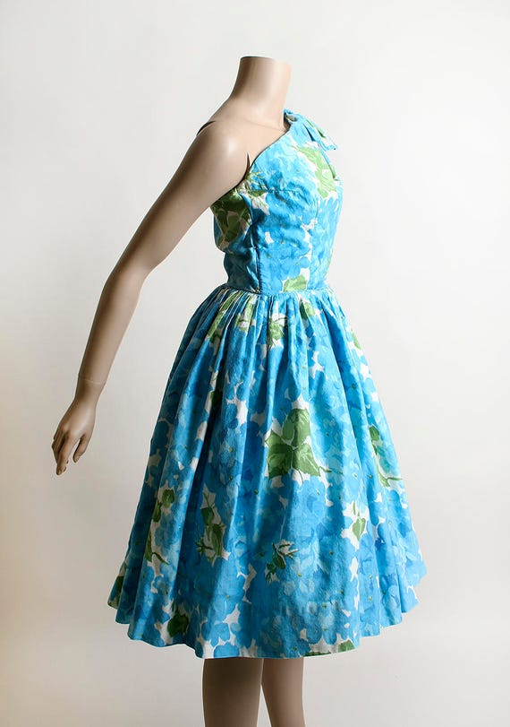 Vintage 1950s Dress - One Shoulder Aqua Blue Flor… - image 2