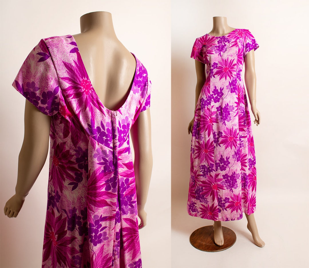 Vintage 1970s Hawaiian Maxi Dress - Hot Pink Purple Floral Flower Leaf ...