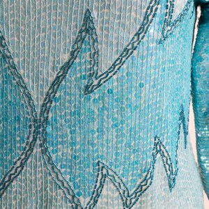 Vintage Sequined Cut-Out Cold Shoulder Blouse Light Blue Teal Iridescent Aquamarine Turquoise Beaded Silk Wings Flames Top Large image 6