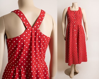 Vintage 90s Red Polka Dot Dress - Classic by Carol Anderson Racerback Sleeveless Midi Day Cherry Lipstick Dress - Large
