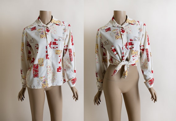 Vintage 1970s Patchwork Blouse - Button Up Front … - image 1