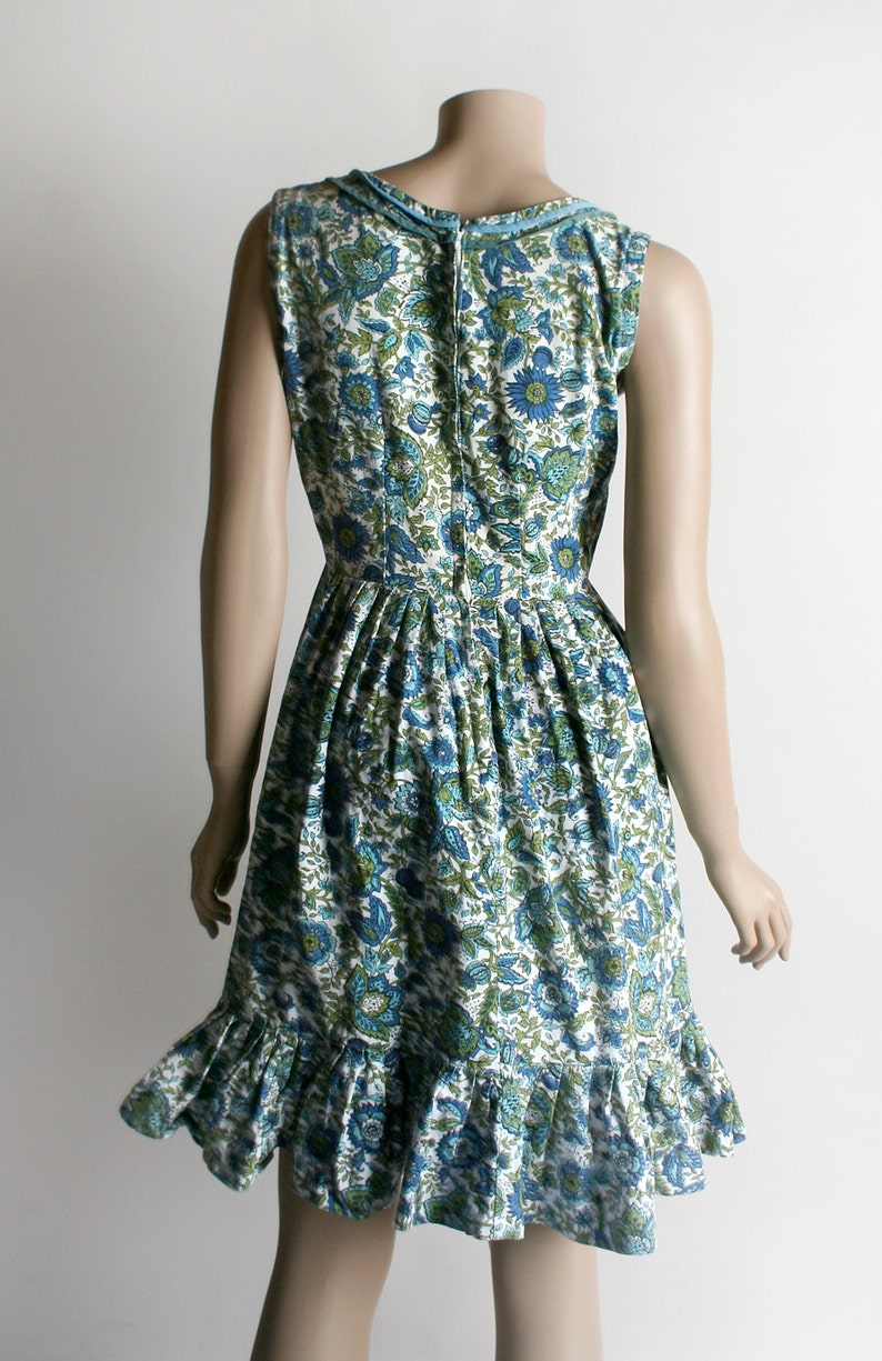 Vintage 1960s Dress Floral Print Aqua Blue and Mint Green Flower Print Cotton Dress Ruffle Hem Small image 4