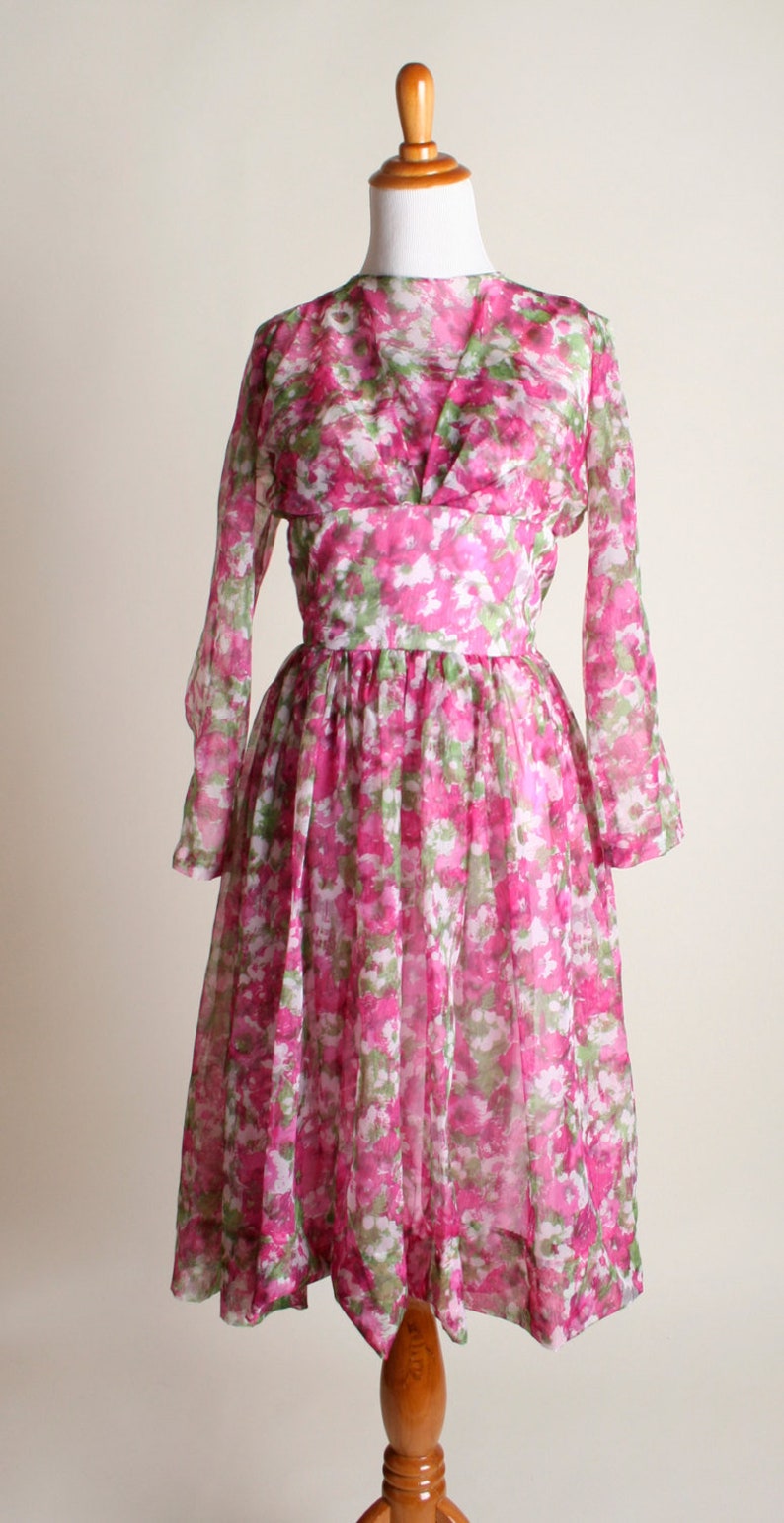 Vintage 1960s Floral Dress Hot Pink Magenta Sheer Chiffon | Etsy