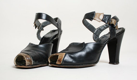 Vintage 1940s Heels - Snake Skin Black Leather Hi… - image 6