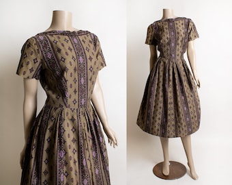 Vintage 1950s Dress - Dark Olive Brown & Purple Stained Glass Floral Print Cotton Day Dress - V-Neckline Back - Small