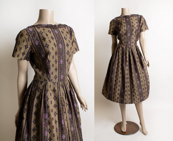 Vintage 1950s Dress - Dark Olive Brown & Purple S… - image 1