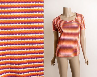 Vintage 1970s Striped Tee - Purple Orange & White Candy Horizontal Knit Stripe T-Shirt Top - Short Sleeve Bobbie Brooks - 70s 60s Small