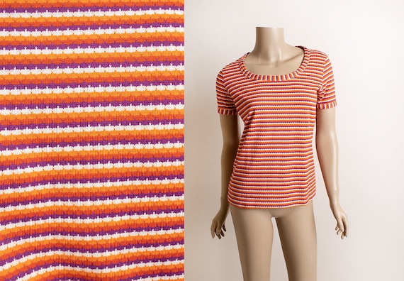 Vintage 1970s Striped Tee - Purple Orange & White… - image 1