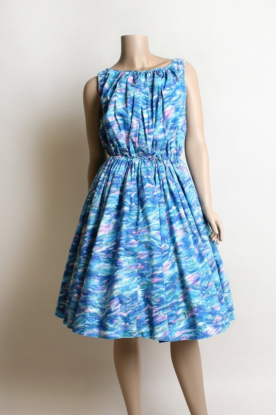 Vintage 1960s Dress - Blue Watercolor with Pink B… - image 2