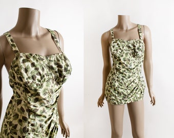 Vintage 1950s Catalina Masterpiece Bathing Suit - Novelty Leaf Print in Olive Green Brown - Gathered Ruched Pin-Up Criss Cross Halter Swim