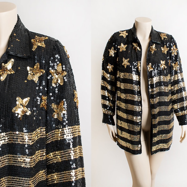 Vintage 1990s Stars & Stripes Sequin Jacket - Black and Gold Fully Sequined Glam Party Evening Long Coat Silk - Venezia Vitale - XL