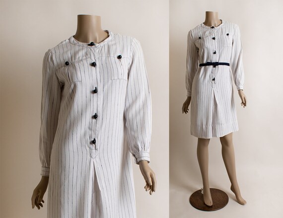 Vintage Baseball Jersey Style Tunic Dress - Button Up Blue & White Pin Striped Sheath - Long Sleeve - Small Medium