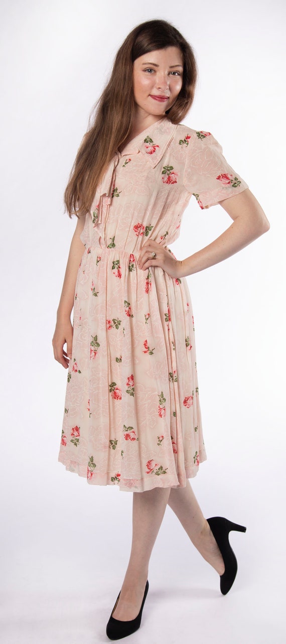Vintage 1950s Rose Print Dress - Sheer Floral Pri… - image 4
