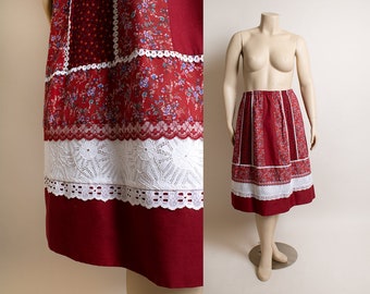 Vintage Maroon Floral Prairie Skirt - Panel Patchwork Style White Eyelet Lace Western Boho Bohemian Cotton - Large