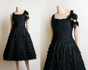 Vintage 1950s Emma Domb Dress - Black Tiered Ruffle Cocktail Party Dress with Flower Corsage - Tea Length Midi - Prom Date Night - Small