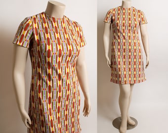 Vintage 1960s Harlequin Print Dress - Red Yellow Purple Diamond Pattern Design Go-Go Scooter Mod 60s Dress - Large