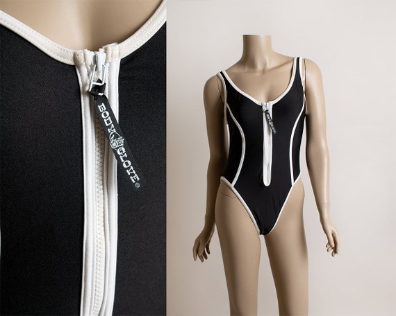 80s/90s Blue Check & Floral Sexy One Piece Swimsuit