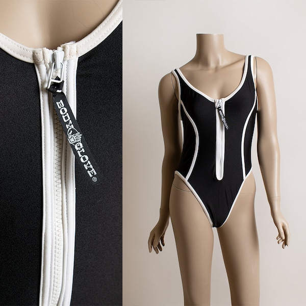 Vintage Body Glove Bathing Suit - 1990s Black and White Front Zip Up Sexy One Piece Maillot Swimsuit - 90s 80s Small