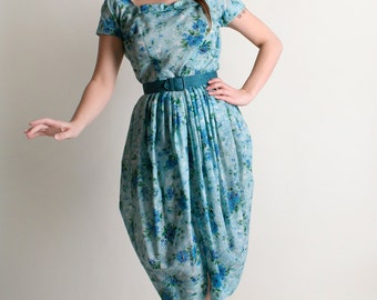 Vintage 1960s Dress - Aquamarine Bubble Petal Skirt Floral Dress - Small XS