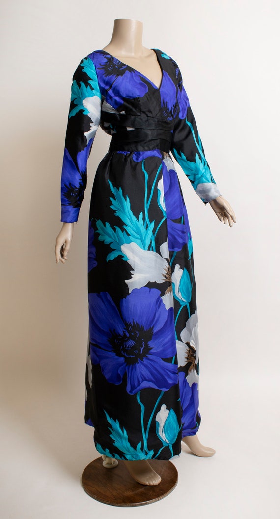 Vintage 1970s Floral Maxi Dress - Blue Teal Black… - image 2