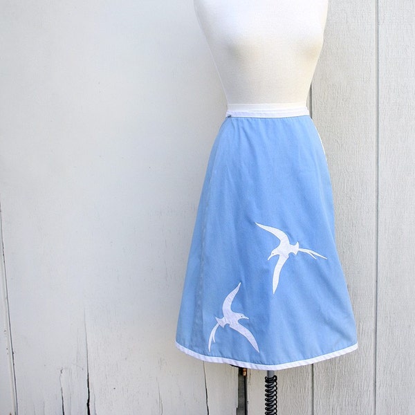 Vintage Sky Blue 70s Wrap Skirt with Soaring Egrets - 24 inch waist