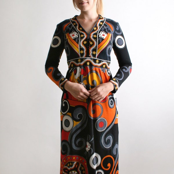 1970s Psychedelic Maxi Dress Paganne by Gene Berk I. Magnin Autumn Orange and Black - Medium