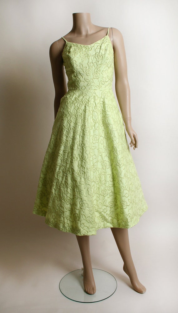 Vintage 1950s Dress - Chartreuse Lime Green Flora… - image 3