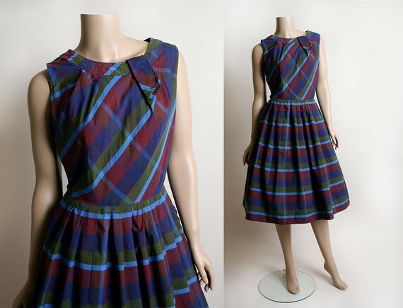Vintage 1950s Dress - Purple Plaid Cotton Day Dres