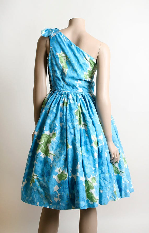 Vintage 1950s Dress - One Shoulder Aqua Blue Flor… - image 3