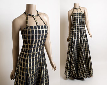 Vintage Black & Gold Party Evening Dress - Cage Neckline Metallic Shimmery Mermaid Statue Sleeveless Gown 1980s Geometric Plaid Small