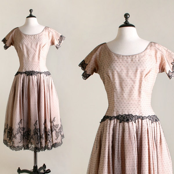 Vintage Lace Dress - Pastel Cotton Candy Pink and Black I. Magnin Floral Party Dress - Medium Large