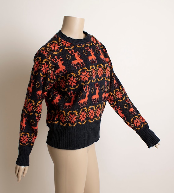 Vintage 1970s Reindeer Sweater - Black and Red Kn… - image 3