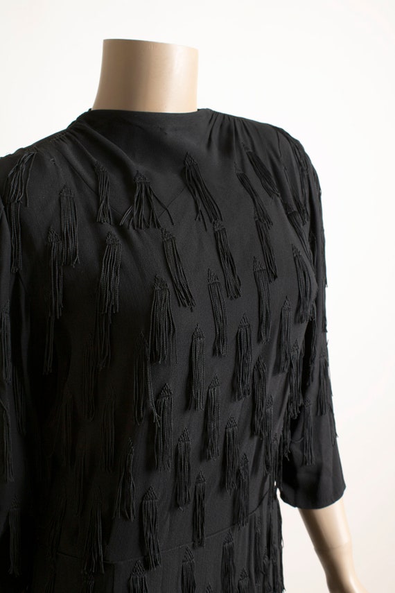 Vintage 1940s Fringe Dress - Black Rayon with Dan… - image 6