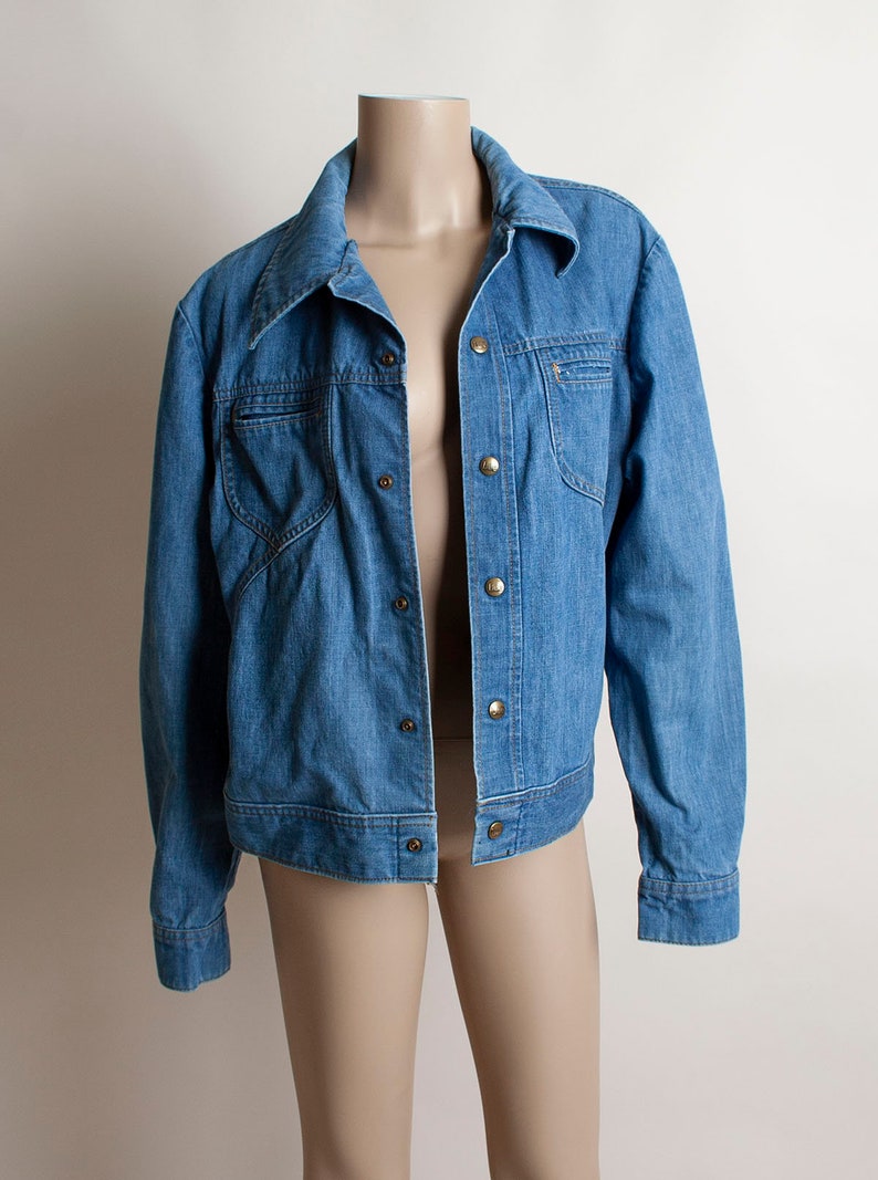 Vintage 1970s Denim Jacket Lee Set Medium Blue Jean Jacket Mens Unisex Snap Button Front Medium Large image 6