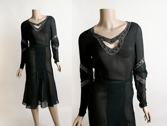 Vintage 1930s Dress - Sheer Black Rhinestone Old … - image 1