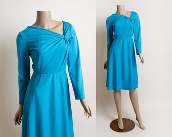 Vintage 1970s Turquoise Dress - Twist Knot Shoulder Long Sleeve Aquamarine Disco Dress - Small