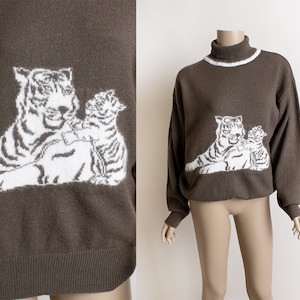 Vintage Tiger Sweater - Mousse Brown and White Soft Tiger Mama & Cub Sweater - Small Medium