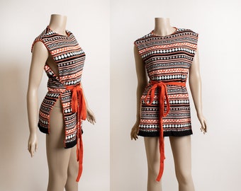 Vintage 1970s Open Side Knit Sweater Vest - Waist Tie Belt Poncho Top in Orange Brown Southwestern Print Design - Hippie Boho - Small