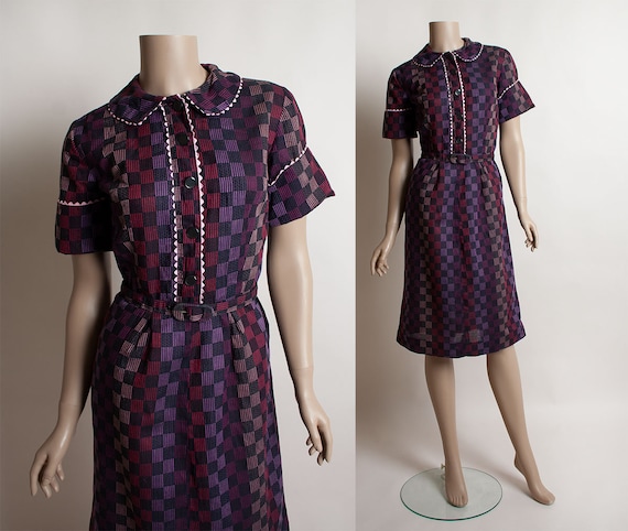 Vintage 1950s Dress - Plum Purple & Pink Gingham C
