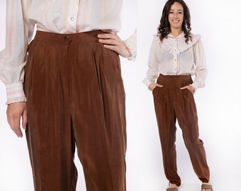 Vintage Caramel Brown Sleek Trousers - Rayon Like Shimmery Pleat Pants with Pockets - 1980s 1990s - Loose Fit Leg - 28" Waist
