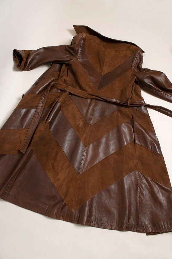 Vintage Brown Leather Trench Coat - Chevron Patte… - image 7